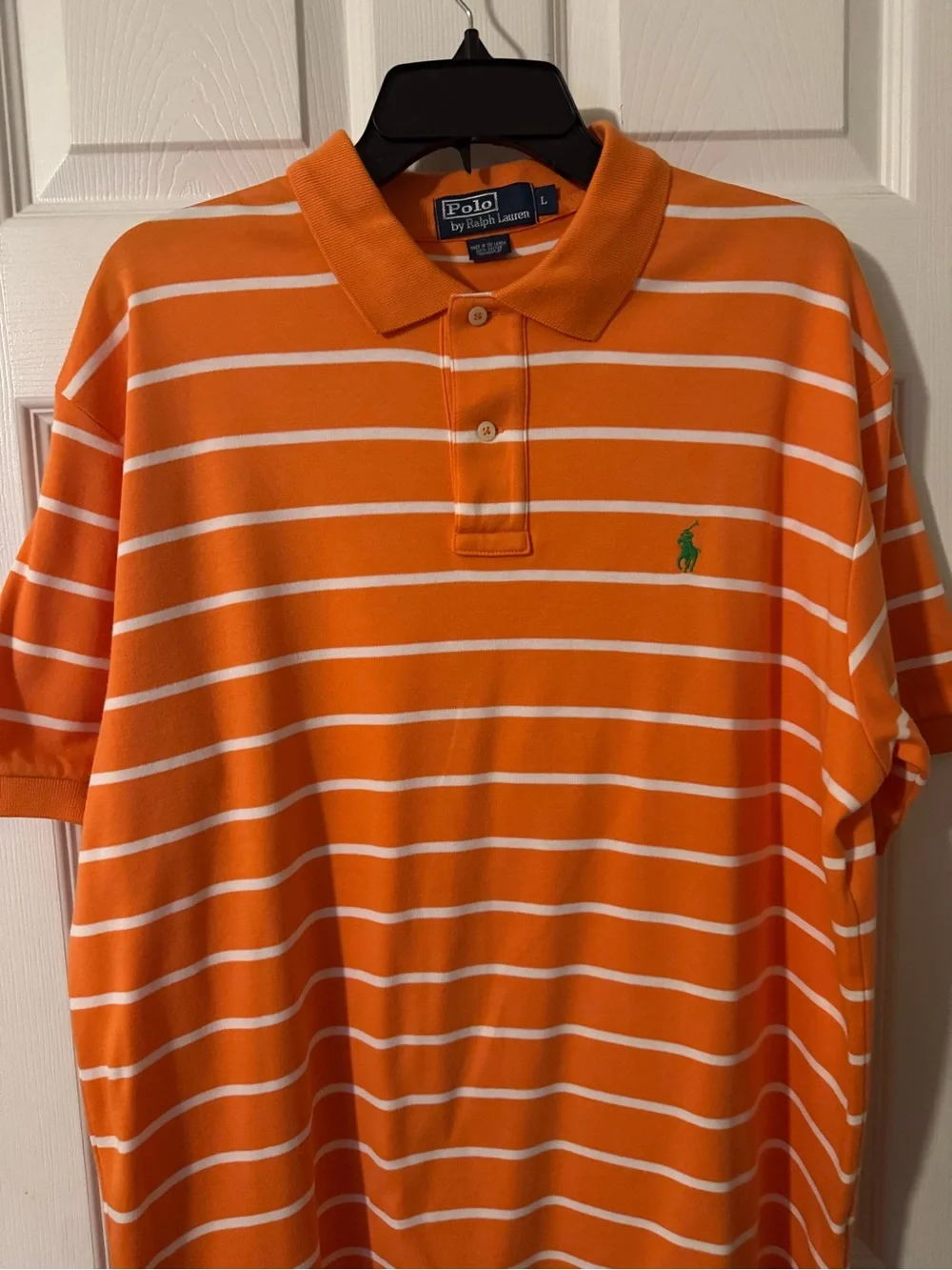 Polo by Ralph Lauren Orange and White Striped Polo with Green Pony
